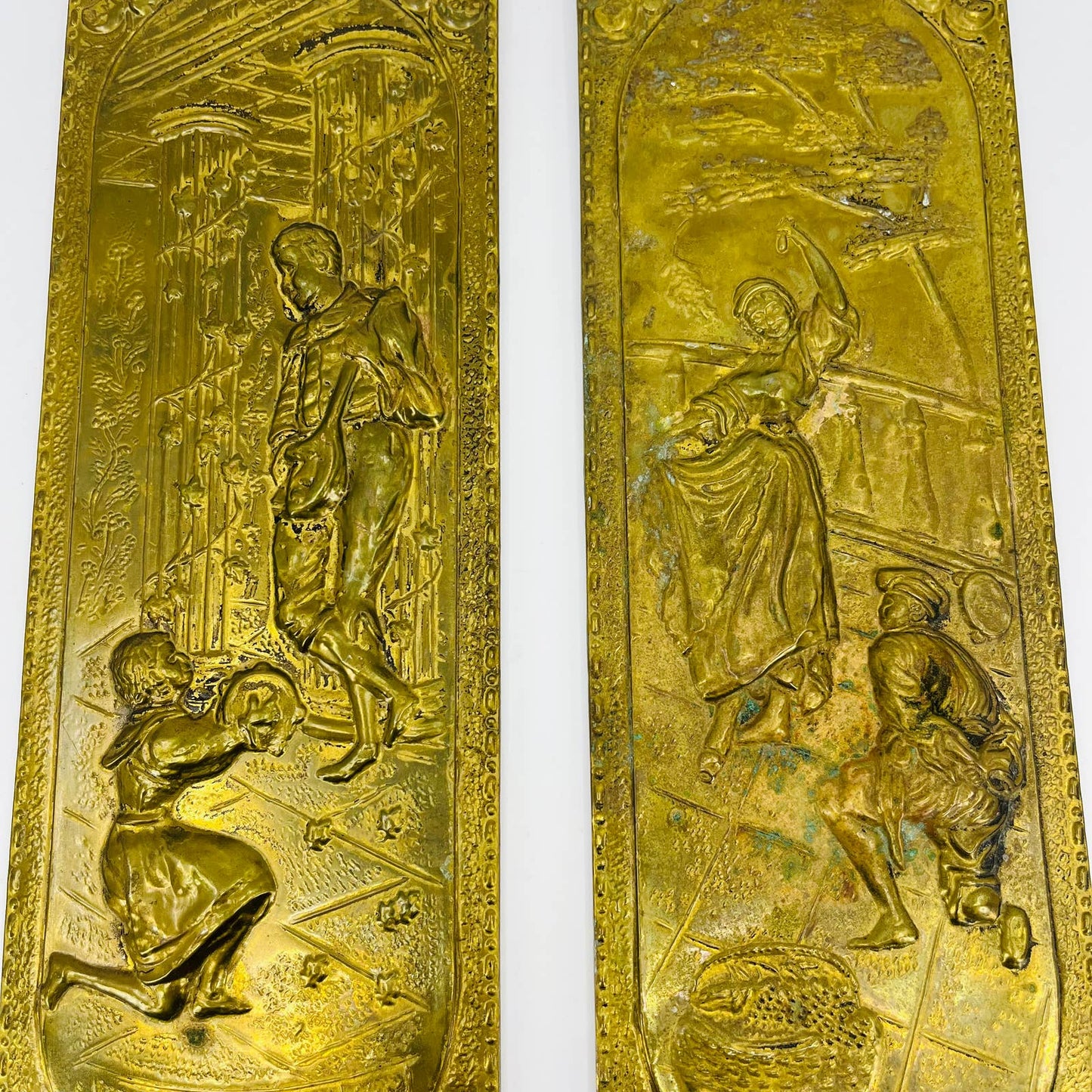 Vtg Elpec England brass relief wall plaques Venetian dancers, musicians 4x14 TD9