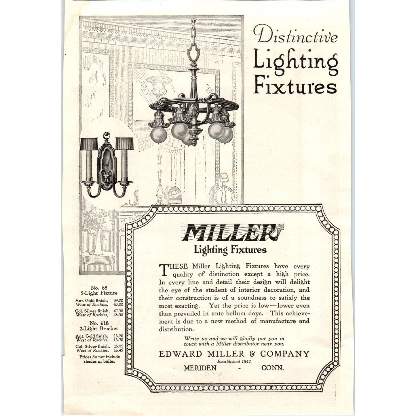 c1920 Harper's Ad - Miller Lighting Fixtures Edward Miller Meriden CT TF6-1