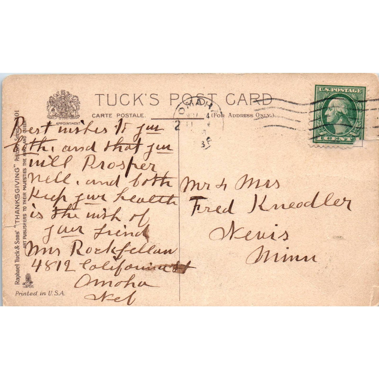 Thanksgiving Turkey & Pilgrims Raphael Tuck c1910 Original Postcard TK1-22