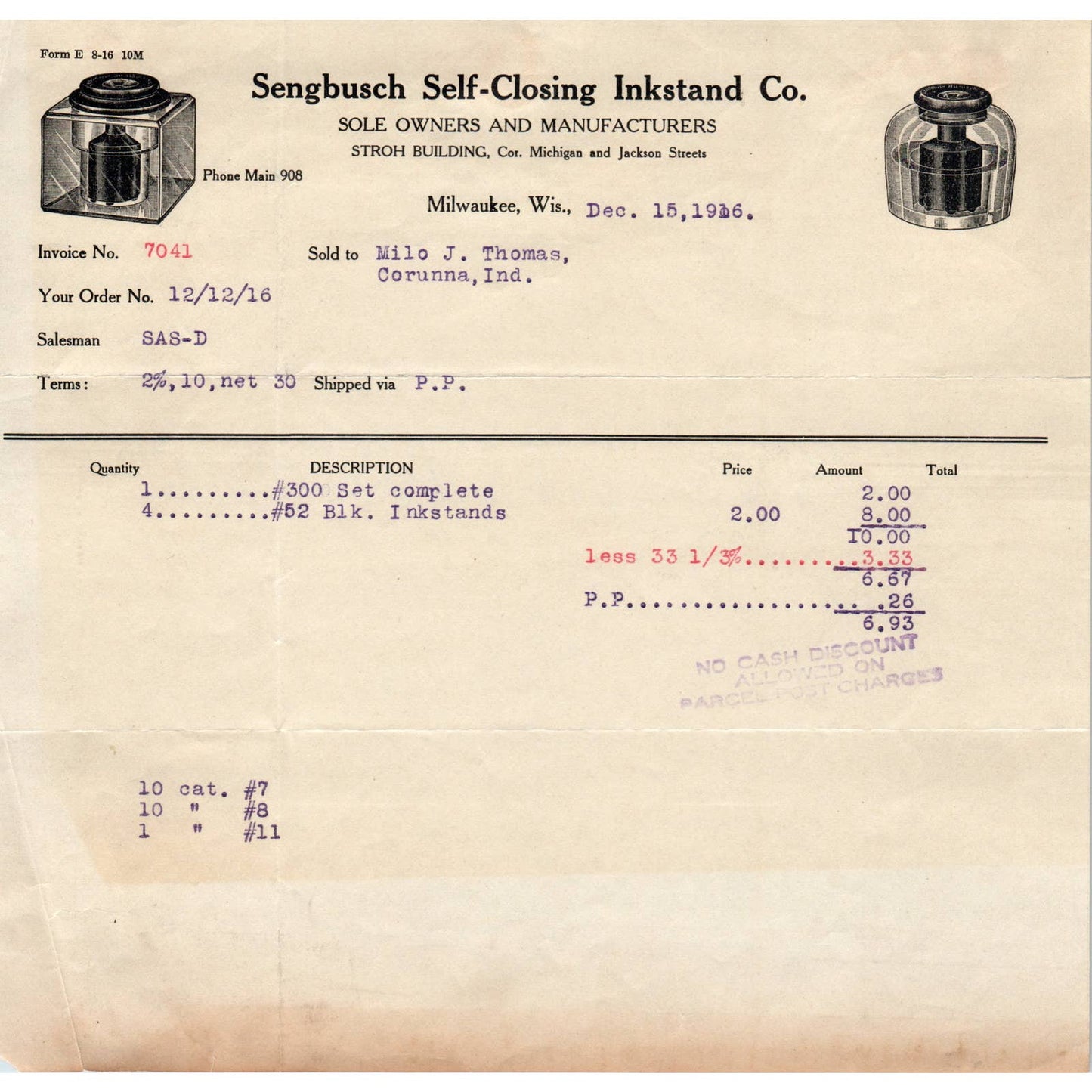 1916 Sengbusch Self-Closing Inkstand Co. Receipt Letterhead Milwaukee WI AD8