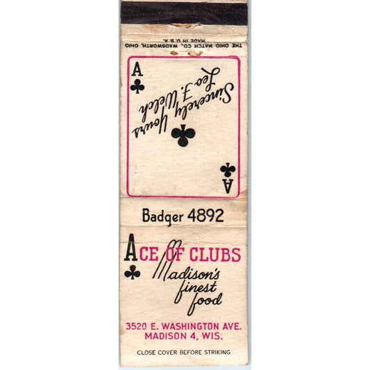 Ace of Clubs Restaurant Leo F. Welch Madison WI Advertising Matchbook MM9-8