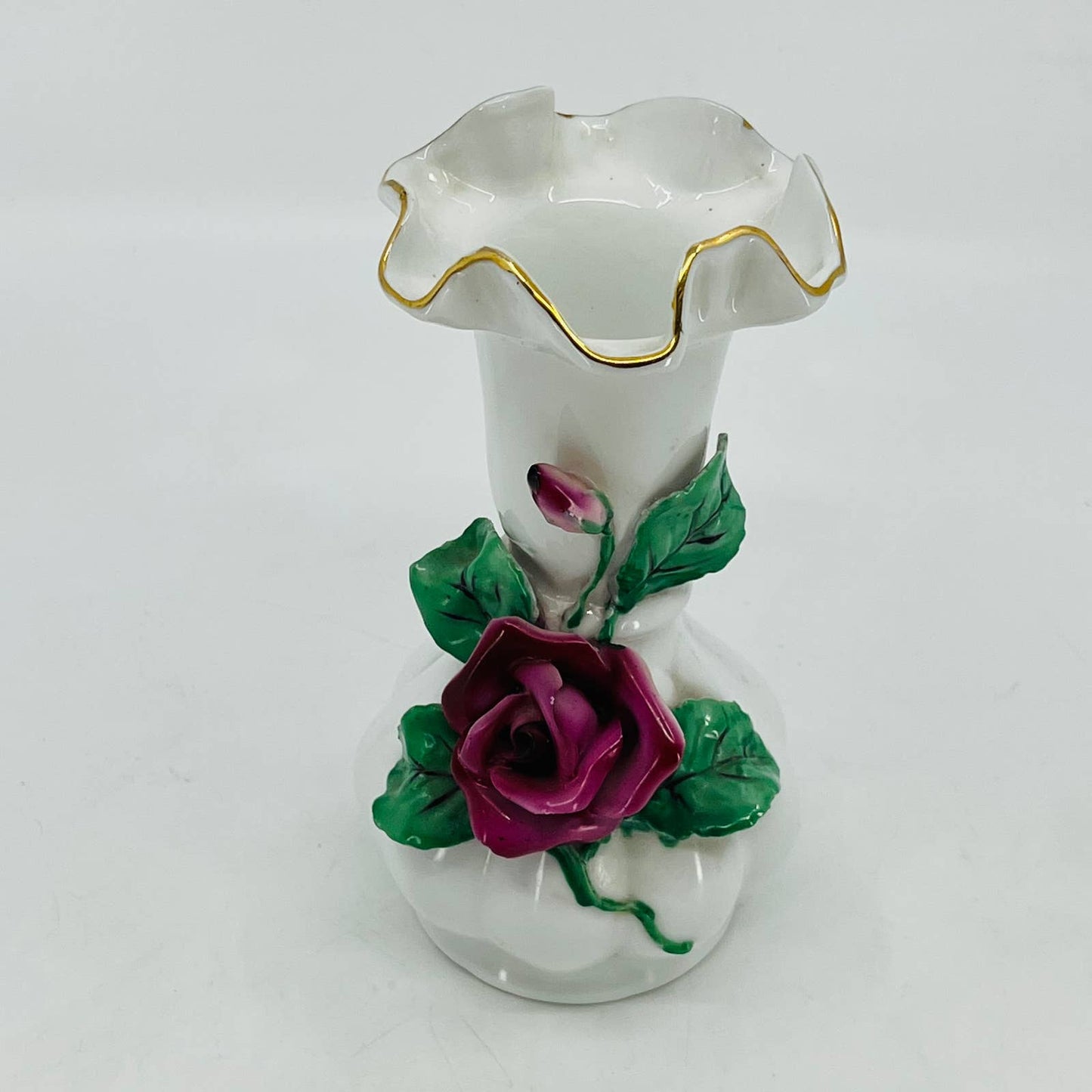 Lefton Vintage Ruffled Vase Pattern Applied Red Rose Gold Accent 6” TC7