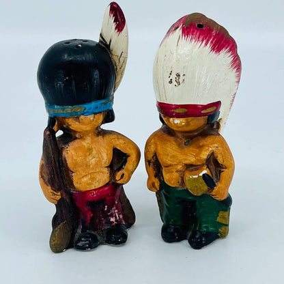 VTG 1960s Indian Native American Chief Man & Friend Salt & Pepper Chalkware TB5