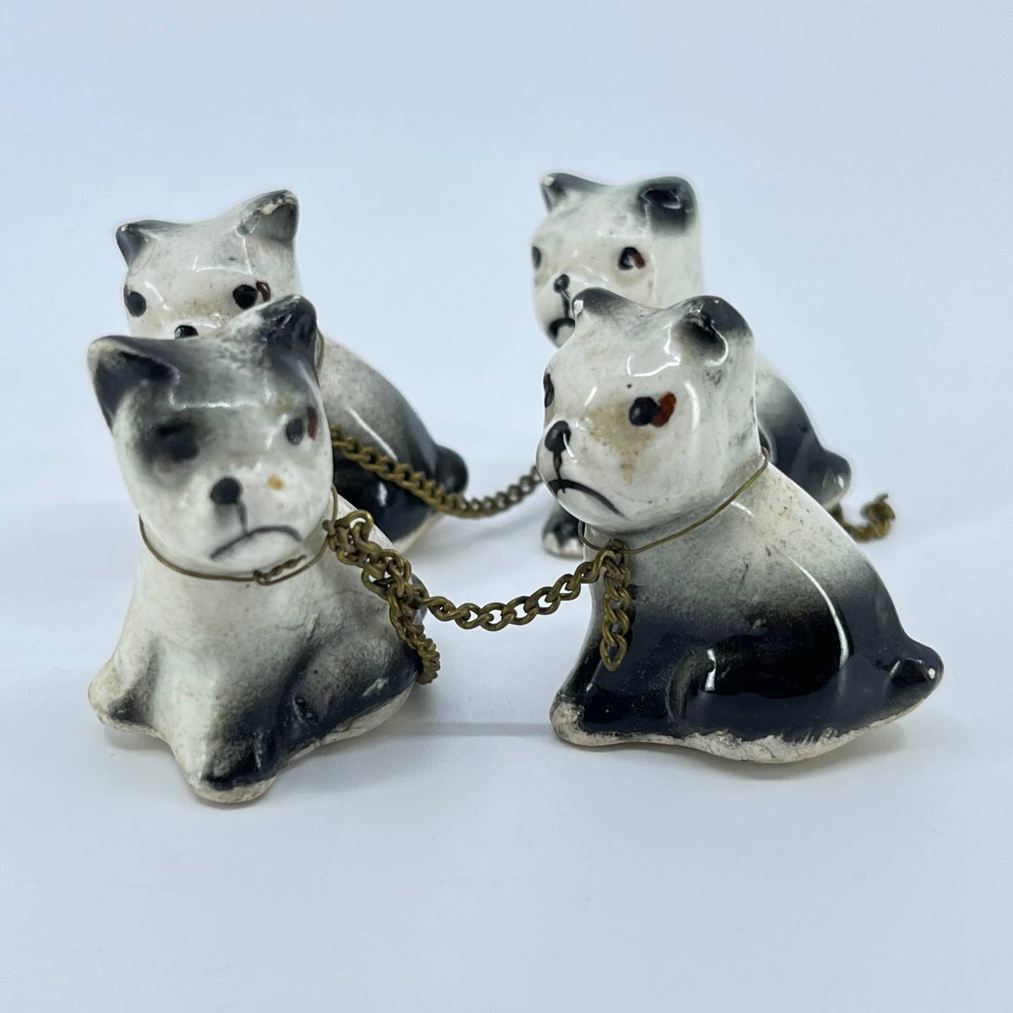 Vintage Set of 4 Porcelain Ceramic Painted French Bulldogs on Chain 1” SC8