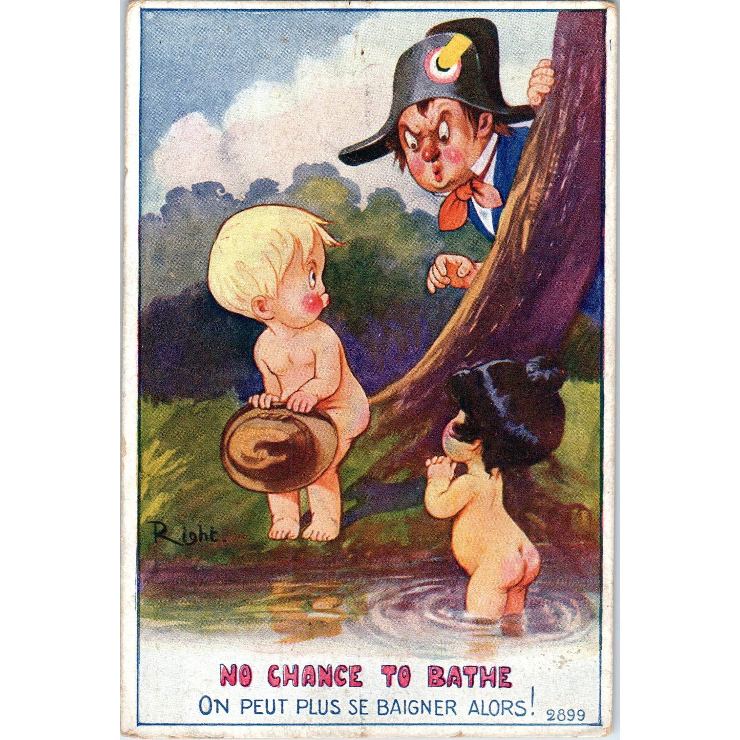 Little Kids Bathing Humor Cartoon Right French Original Postcard TK1-25