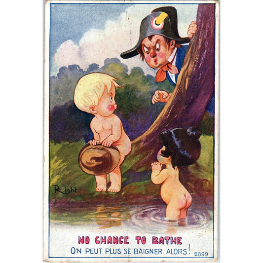Little Kids Bathing Humor Cartoon Right French Original Postcard P2-10