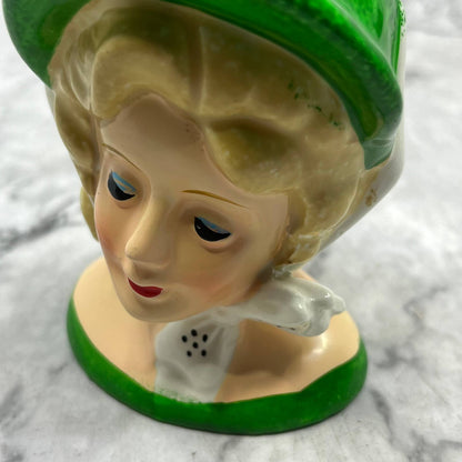 MCM Vintage Lady Head Vase Blonde Green Dress & Hat EUC White Tie 3.5” TK2