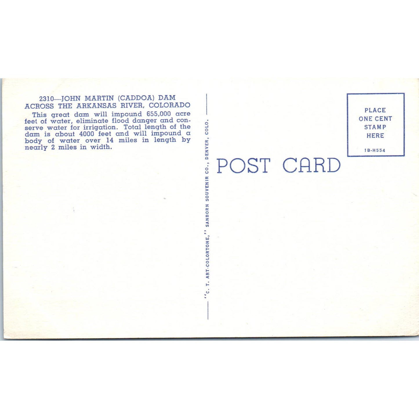 John Martin Caddoa Dam Arkansas River Colorado Original Postcard TK1-29