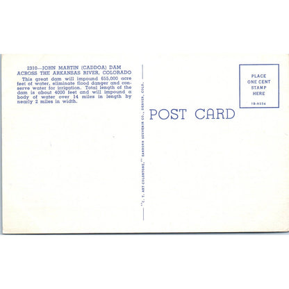 John Martin Caddoa Dam Arkansas River Colorado Original Postcard TK1-29