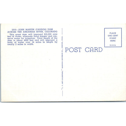 John Martin Caddoa Dam Arkansas River Colorado Original Postcard P1-11