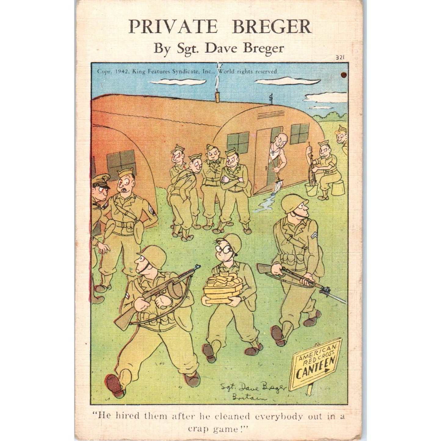 1943 WWII Private Berger #321 Humor Cartoon Sgt. Dave Berger Postcard TK1-26