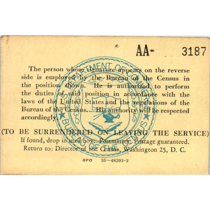 1950 US Department of Commerce Census Enumerator Identification Card SE5