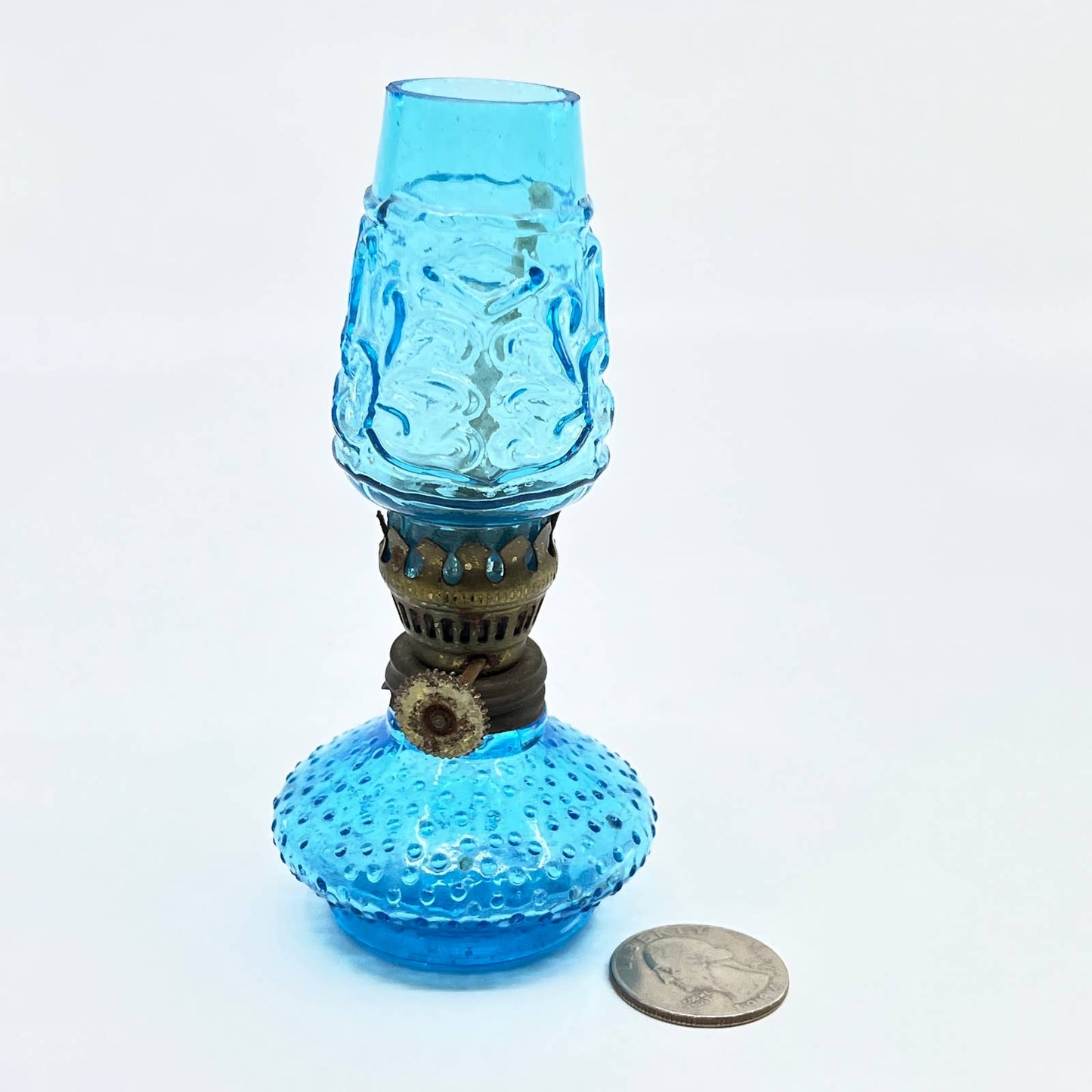 Vintage Mini Cobalt Blue Hobnail Glass Kerosene Oil Lamp 4.5" TC7-2