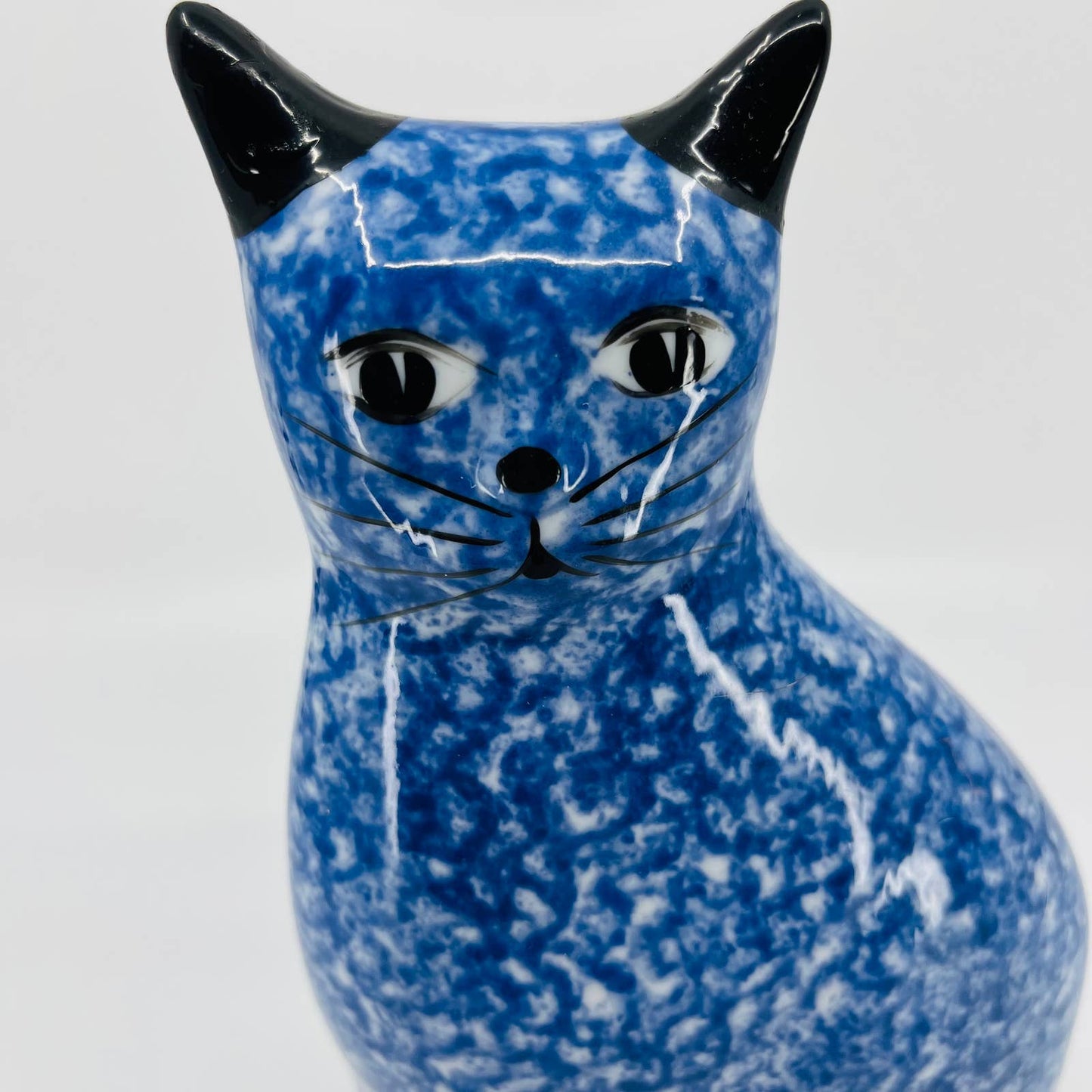 Vtg Calico China Blue Sponge Ware Design Sitting Cat Figurine Folk Art 11” TC2