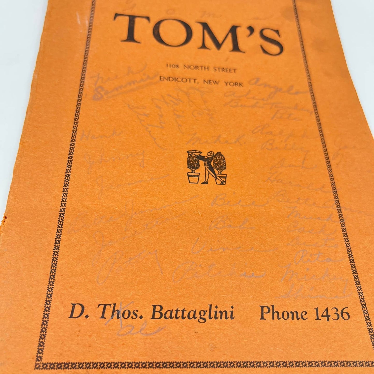 1939 Menu Tom’s Restaurant 1108 North Street Endicott NY Thomas Battaglini D7