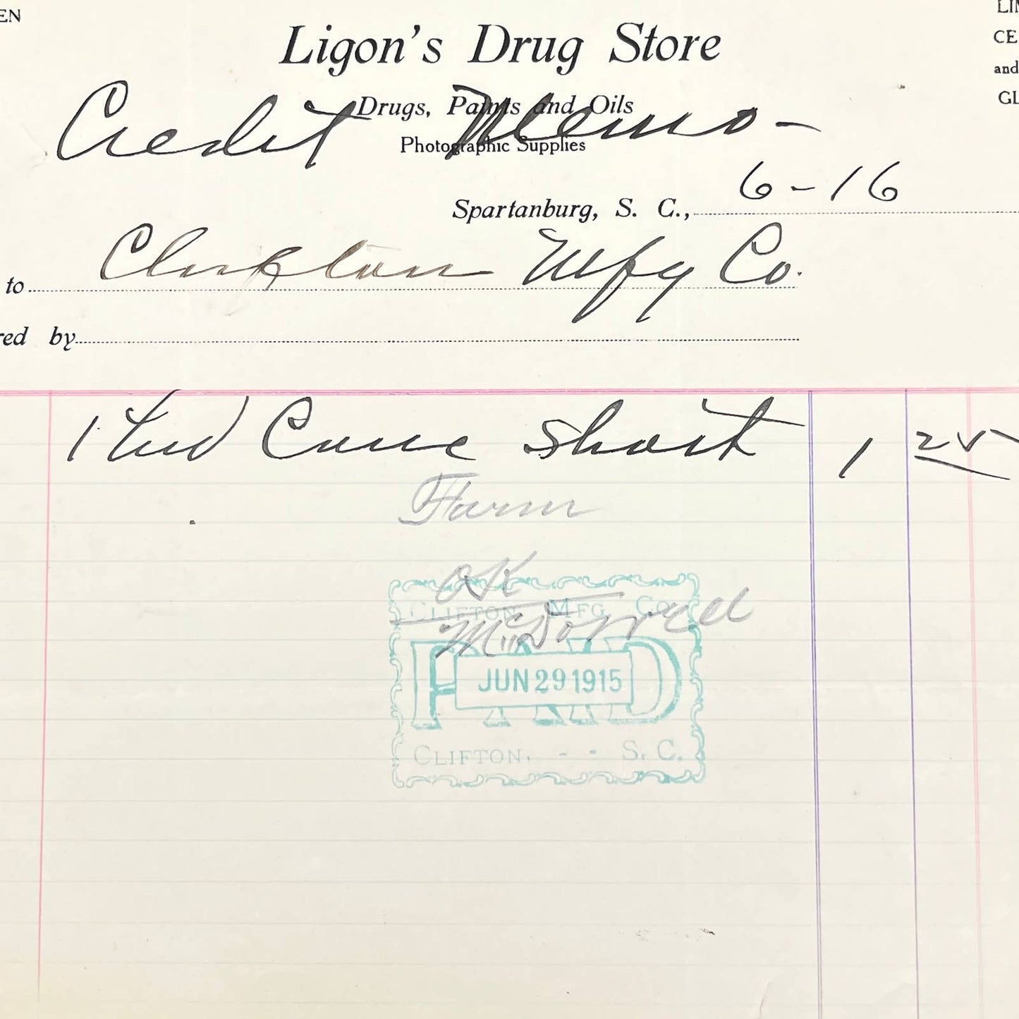 1915 Ligon's Drug Store Drugs Paints & Oils Letterhead Spartanburg SC AB9