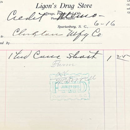 1915 Ligon's Drug Store Drugs Paints & Oils Letterhead Spartanburg SC AB9