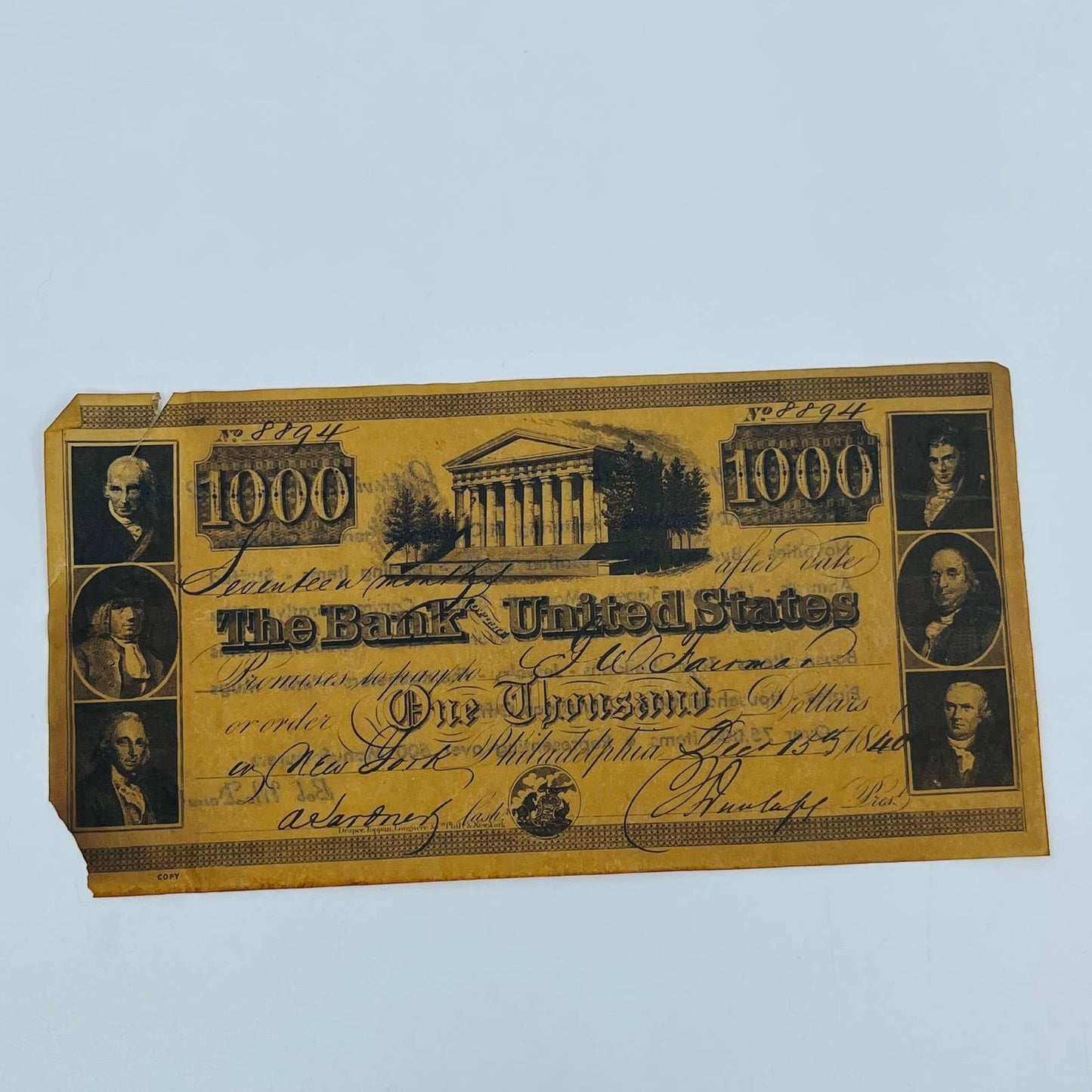 VTG 1840 Replica $1000 Bank Note Advertising Ol’ 27 Company Pottsville PA SC2