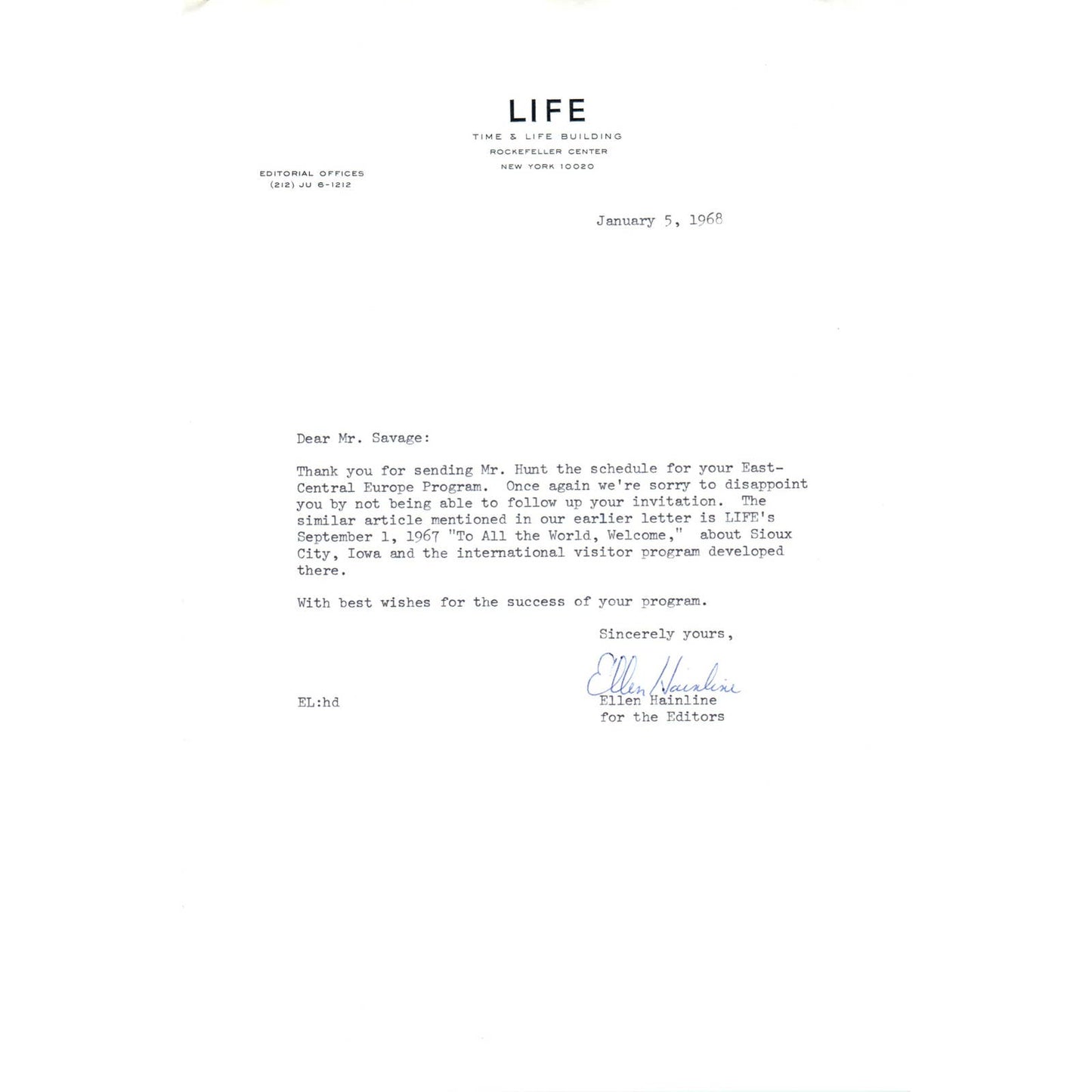 LIFE Time & Life Building Letterhead Memo Ellen Hainline 1968 TK1-P8