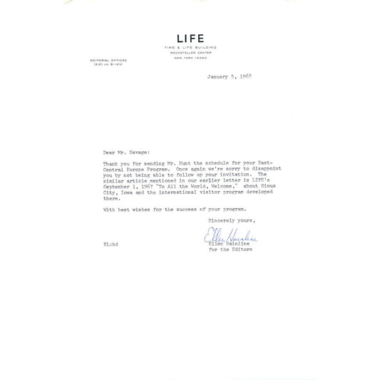 LIFE Time & Life Building Letterhead Memo Ellen Hainline 1968 TK1-P8