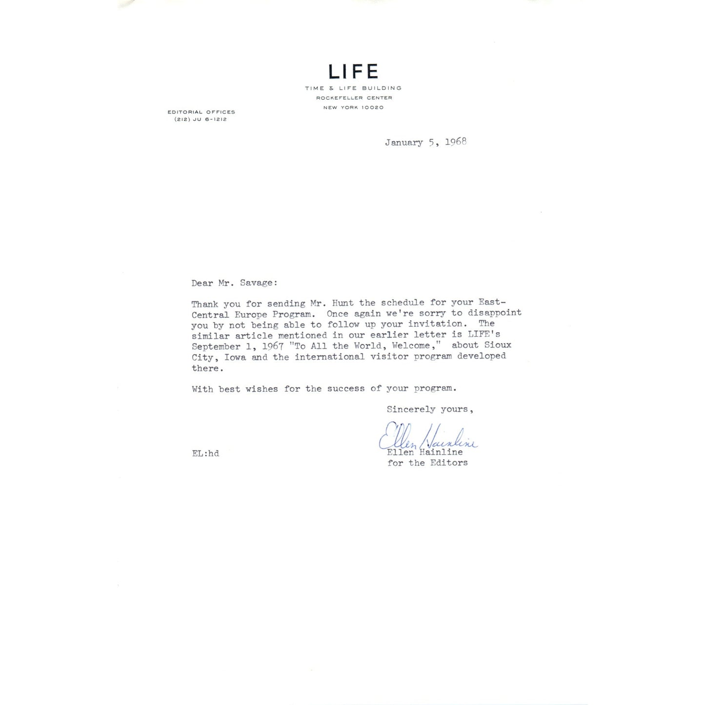 LIFE Time & Life Building Letterhead Memo Ellen Hainline 1968 B13