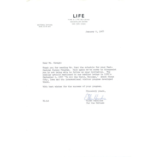 LIFE Time & Life Building Letterhead Memo Ellen Hainline 1968 B13