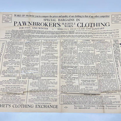 c1920 Schochet’s Clothing Exchange Pawnbroker Fold Out Price List Ad NYC NY AA8