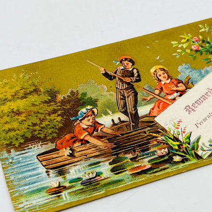 1880s Victorian Reward of Merit Award Card Children on Row Boat Gilt Swans AA2