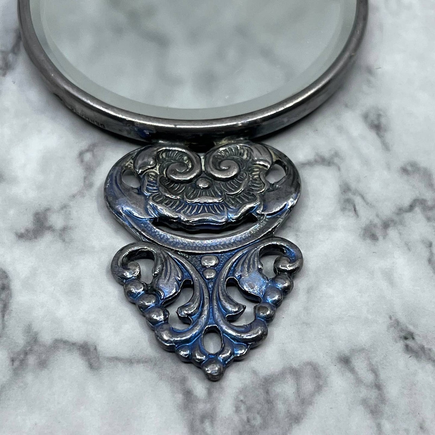 Denmark Hans Jensen Silver-Plate Repousse Beveled Hand Vanity Purse Mirror SE9