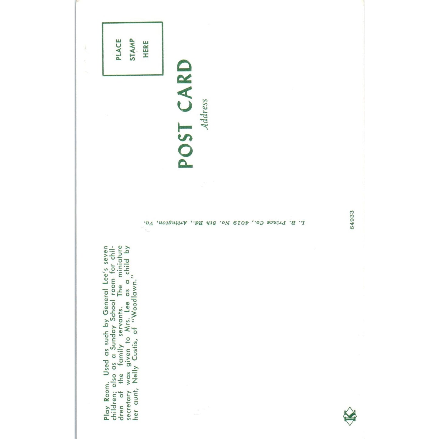 Play Room and Dolls Used By General Lee's Seven Children Original Postcard PB8