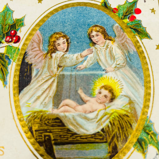 1910s Christmas Post Card Angels Baby Jesus Manger Holly Cardinal Gilt PA4