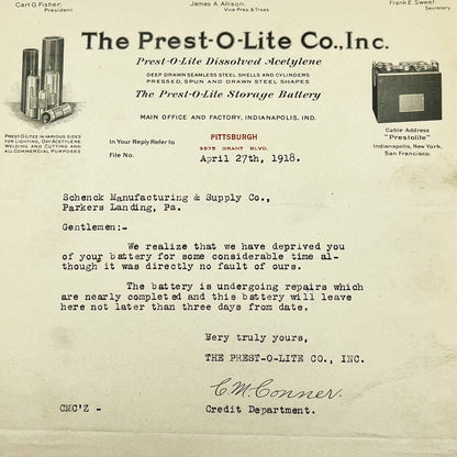 1918 The Prest-O-Lite Co. Acetylene & Battery Letterhead Indianapolis IN AB5