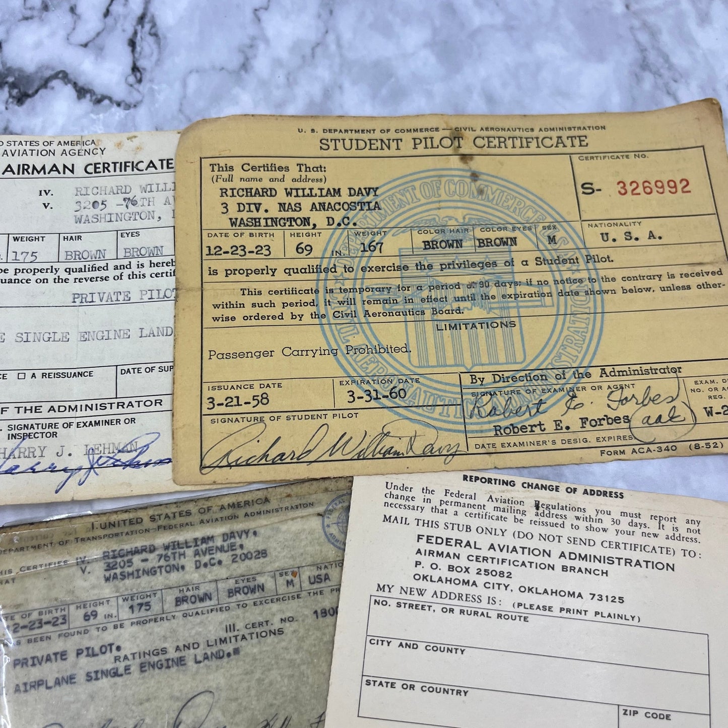 1960s FAA Pilot Certification & Card Lot Richard W. Davy Washington D.C. PR16
