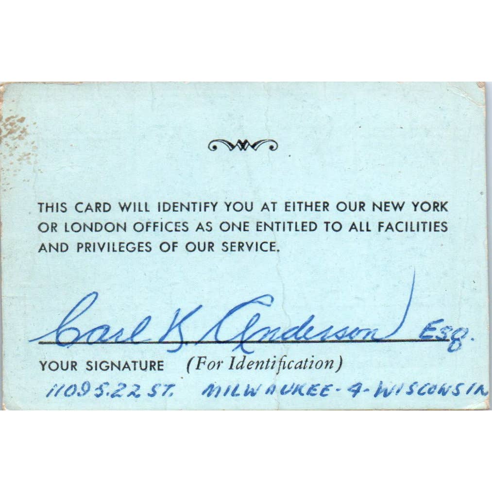 1952 Overseas Associates Travelers Credit Card London Obsolete SE5