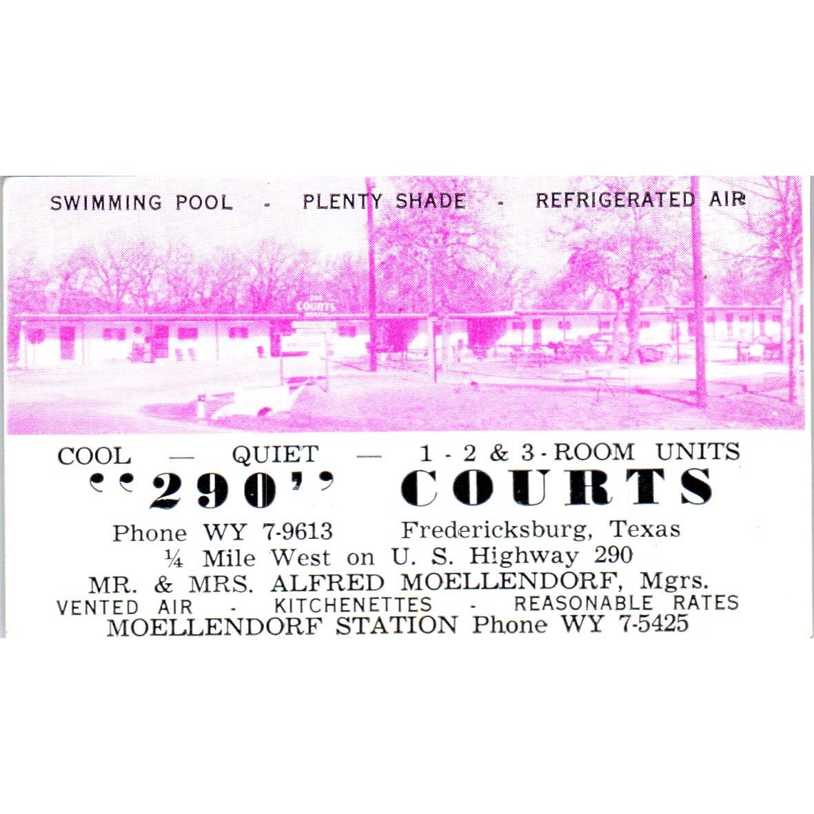 Vintage Business Card 290 Courts Motel Alfred Moellendorf Fredericksburg TX SE5