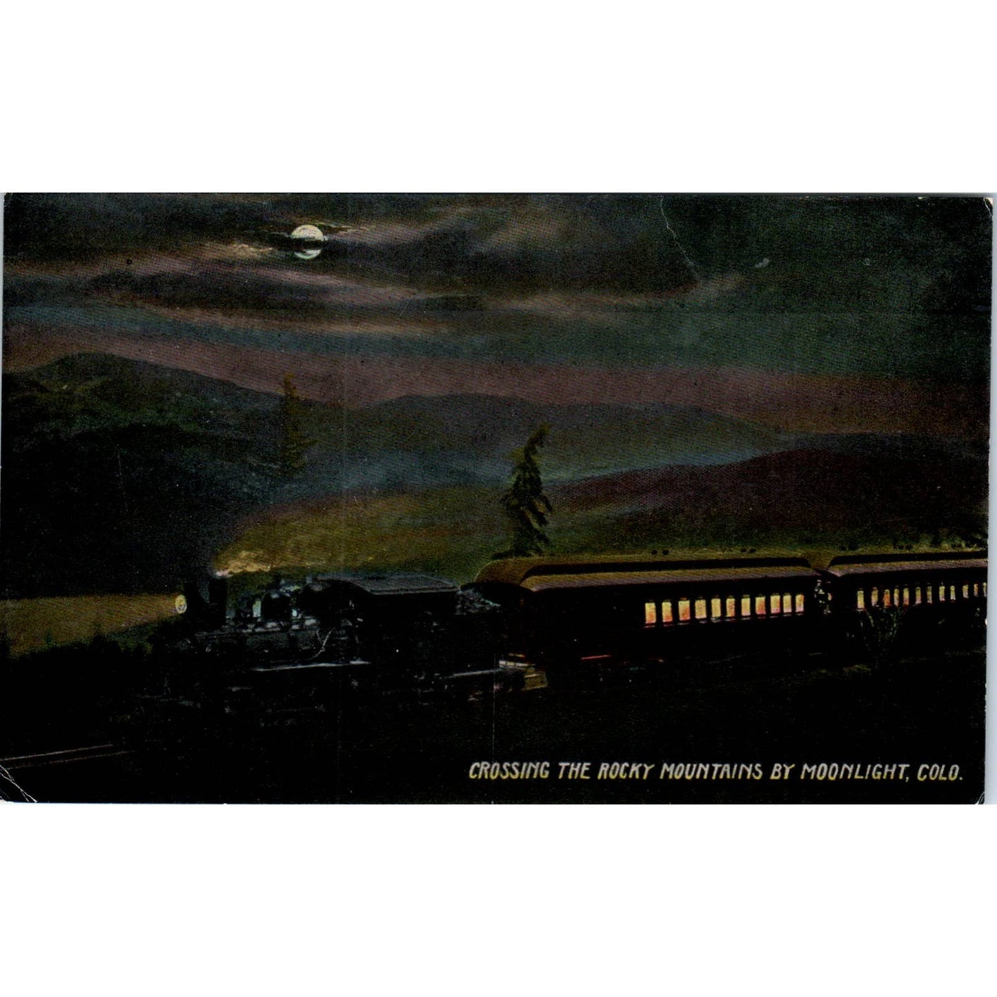 Train Crossing Rocky Mountains by Moonlight Colorado Original Postcard TK1-29