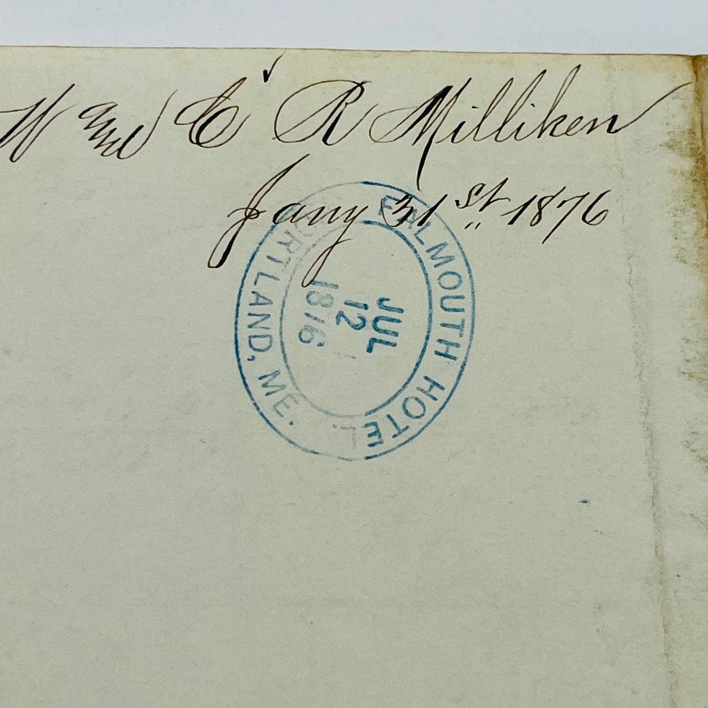 1876 W & CR Milliken Portland ME Falmouth Hotel Stamp Billhead Letterhead AA4