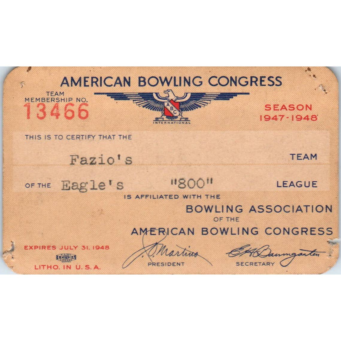 1947 American Bowling Congress Milwaukee Membership Card Eagles 800 SE5-26