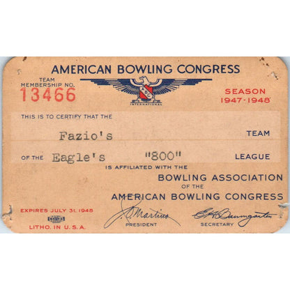 1947 American Bowling Congress Milwaukee Membership Card Eagles 800 SE5-26