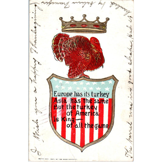 Thanksgiving Embossed Turkey Crown Patriotic 1907 Original Postcard TK1-22
