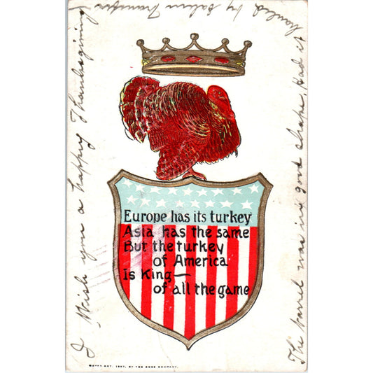 Thanksgiving Embossed Turkey Crown Patriotic 1907 Original Postcard P1-14