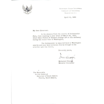 Embassy of Indonesia to US Letterhead Memo Mohamad Choesin 5/15/63 TK1-P9