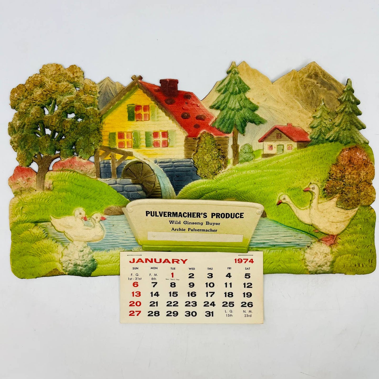 1974 Die Cut Embossed Calendar Pulvermacher Ginseng Buyer Richland Center WI TD3