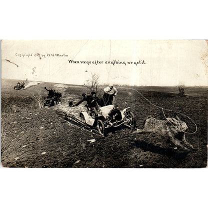 Buick Car Chasing Giant Jack Rabbit 1909 RPPC Original Postcard TK1-P12