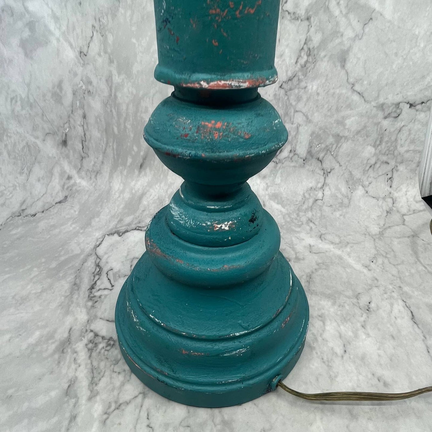 Vintage Shabby Chic Distressed Turquoise Table Lamp w/ Harp & Finial WORKS 20"