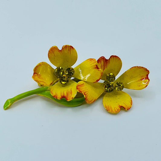 1960s Enamel Yellow Pansies Flowers Brooch SB2
