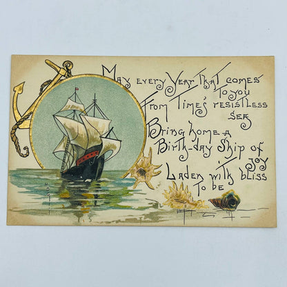 1910s Birthday Post Card Clipper Ship Dresden Embossed Sailboat Ship Poem PA5