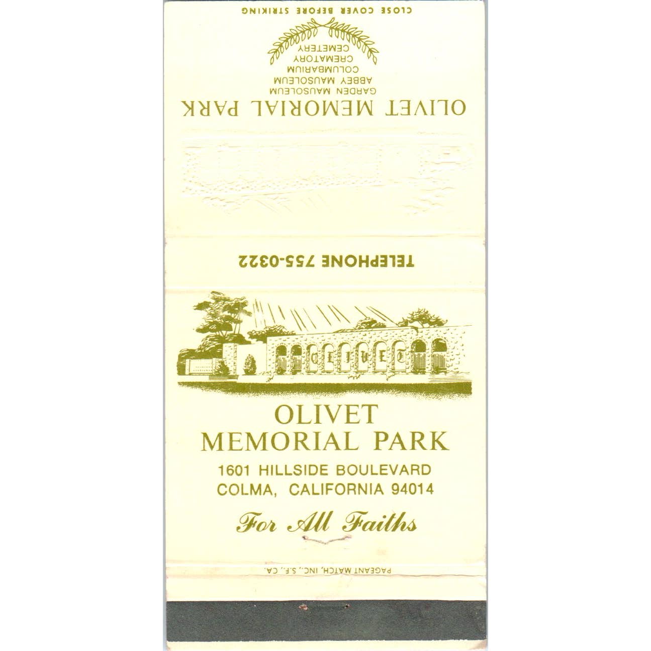 Olivet Memorial Park Colma California Advertising Matchbook Cover SA1-M6