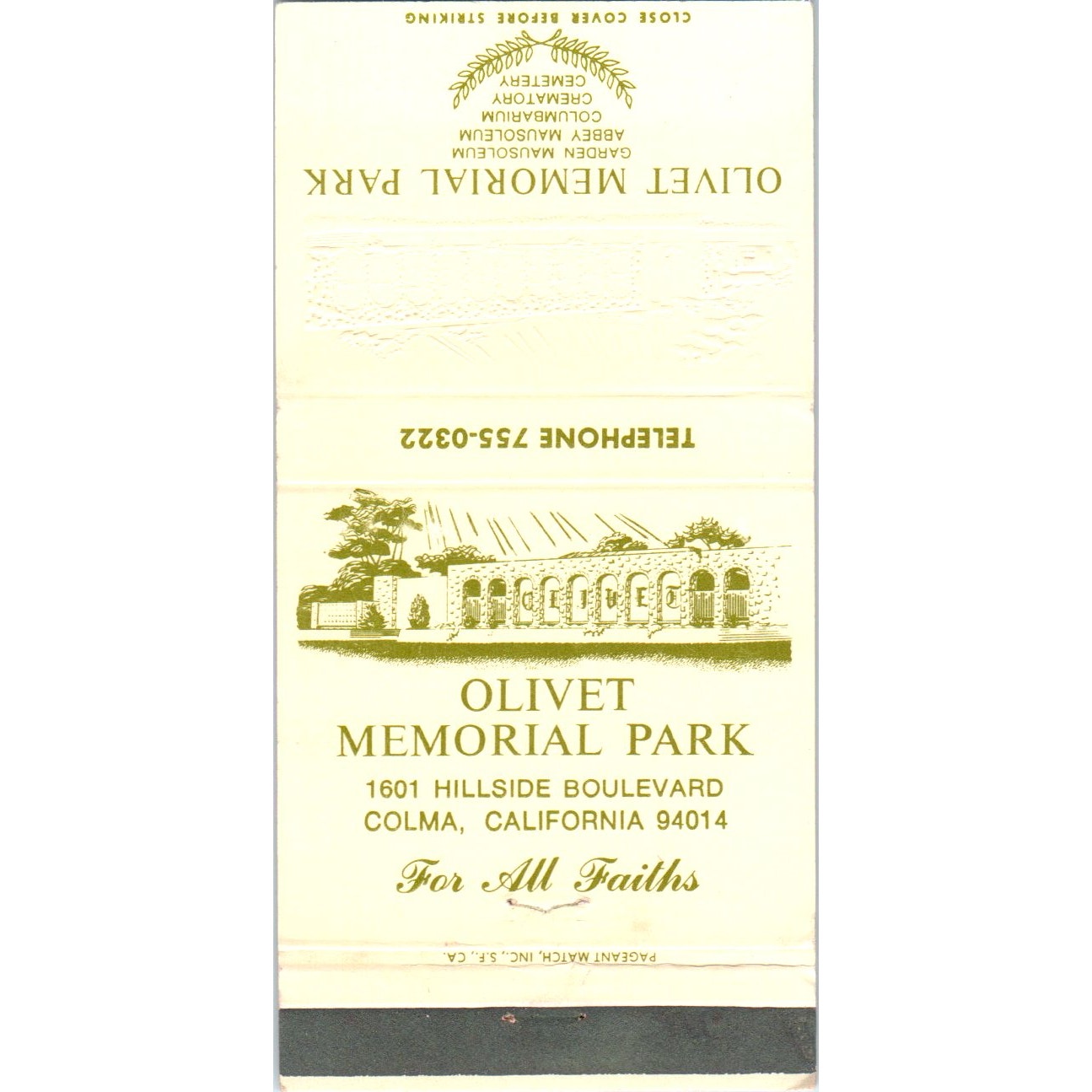 Olivet Memorial Park Colma California Advertising Matchbook Cover MM9-7