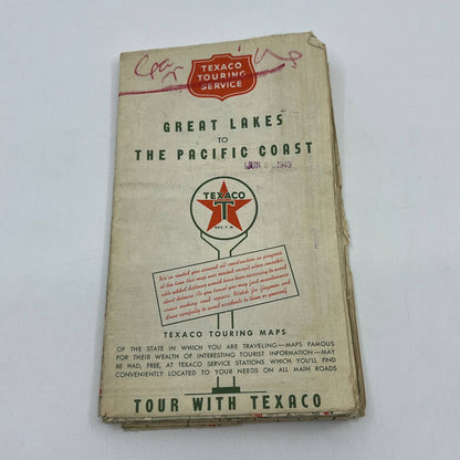 1949 Texaco Touring Map Great Lakes to Pacific Coast Travel Road Map TG1